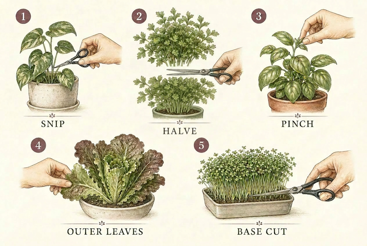 Botanical diagram showing the five harvesting techniques: snip, halve, pinch, outer leaves and base cut.