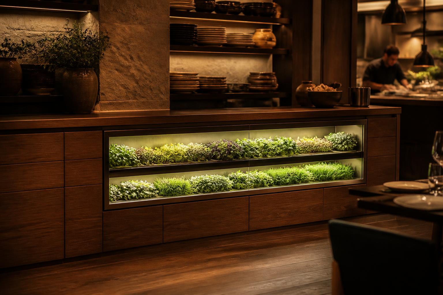 Maatwerk Mia-installatie volledig ingebouwd in het houten meubilair van een restaurant