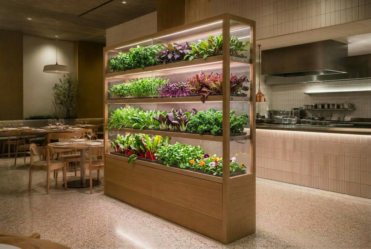 Vrijstaande roomdivider met verlichte kweekschappen, zichtbaar vanuit eetzaal en open keuken