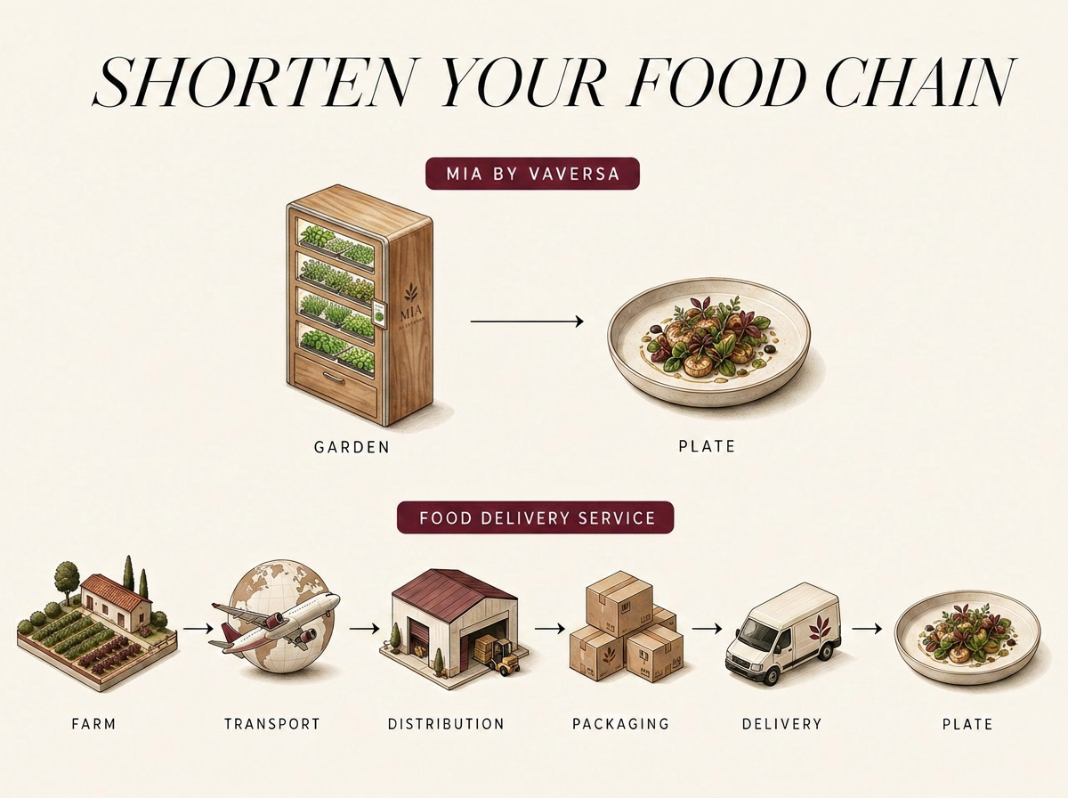 Infographic comparing food supply chains — Mia by VaVersa is the shortest, going straight from garden to plate.