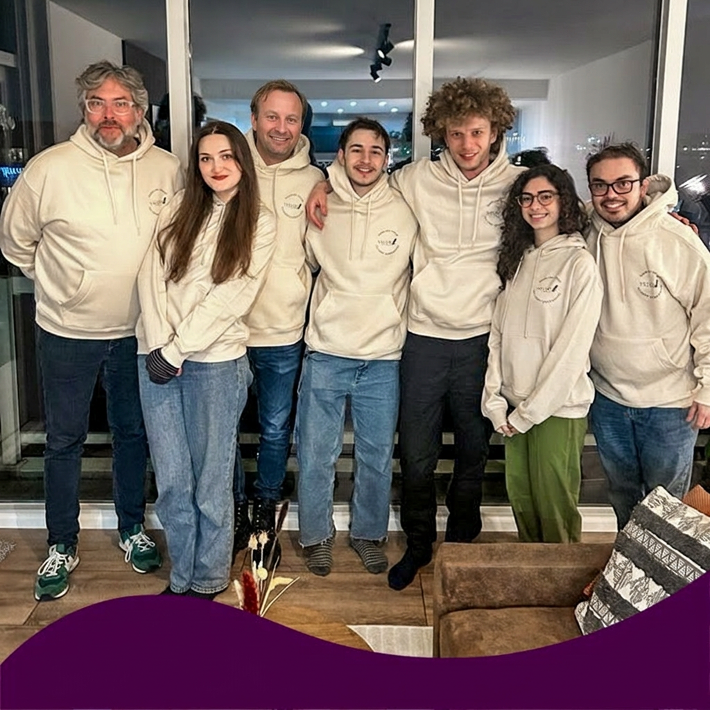 Het VaVersa-team in cream hoodies