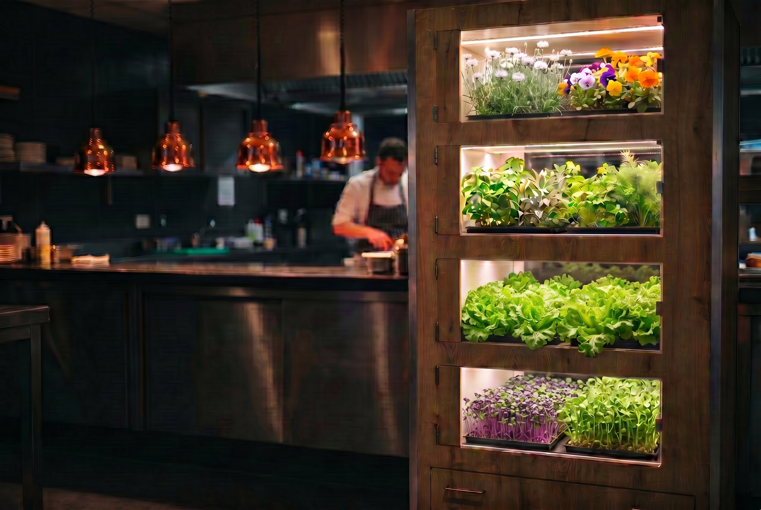 Colourful crops growing inside the VaVersa Mia indoor garden beside a chef's kitchen